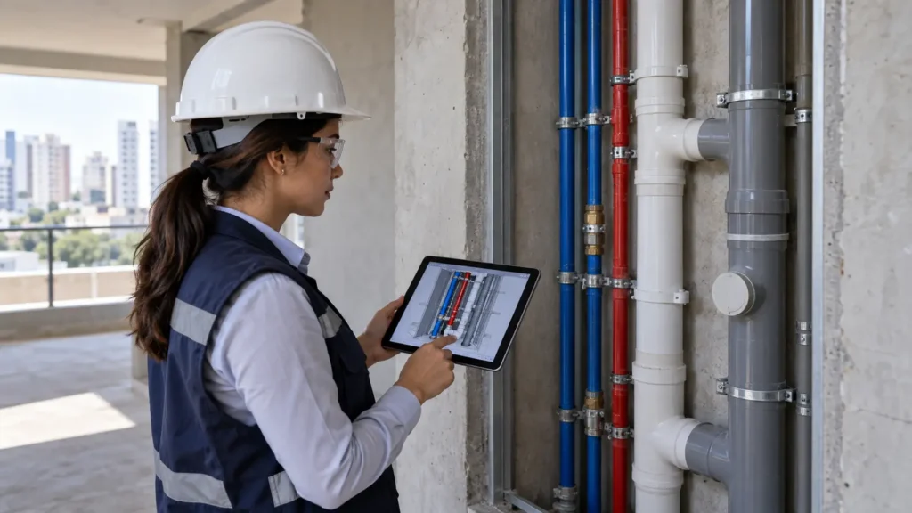 Engenheira analisa projeto hidrossanitário e tubulações prediais