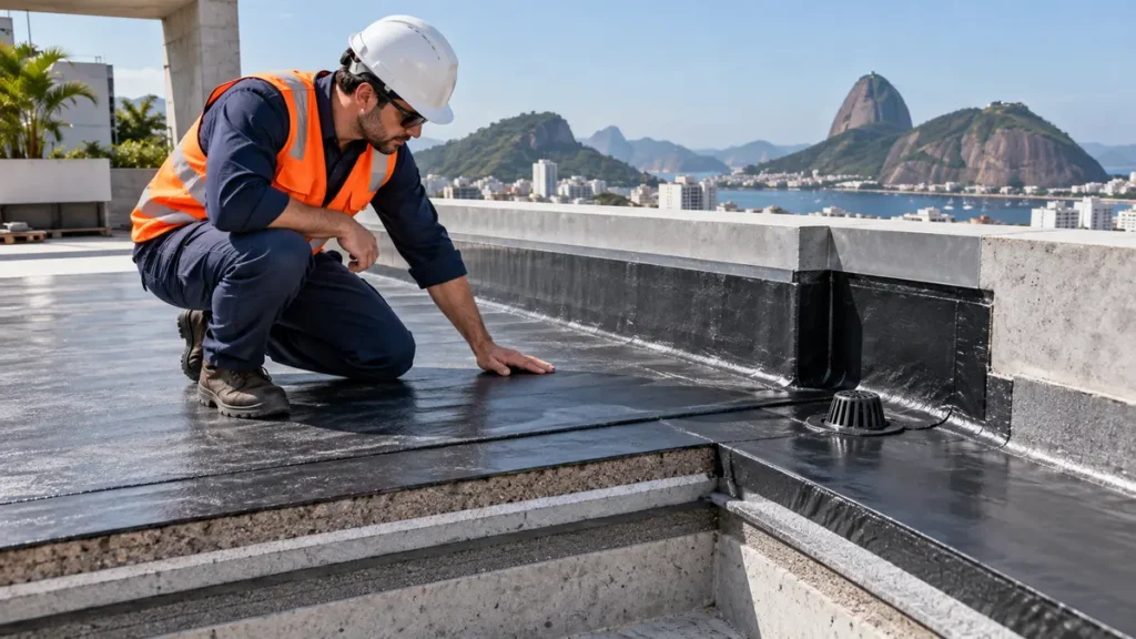 Engenheiro inspeciona manta de impermeabilização e ralo em cobertura plana