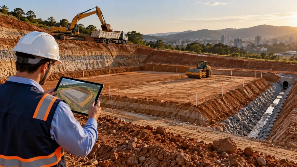 Projeto de Terraplenagem: Corte, Aterro, Volumes e Compactação 2 Engenheiro acompanha corte, aterro e compactação em obra de terraplenagem