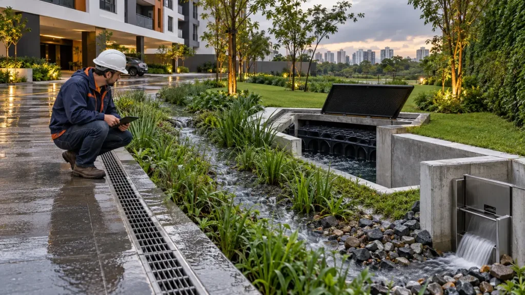 Engenheiro inspeciona sistema de drenagem sustentável com reservação e jardim de chuva