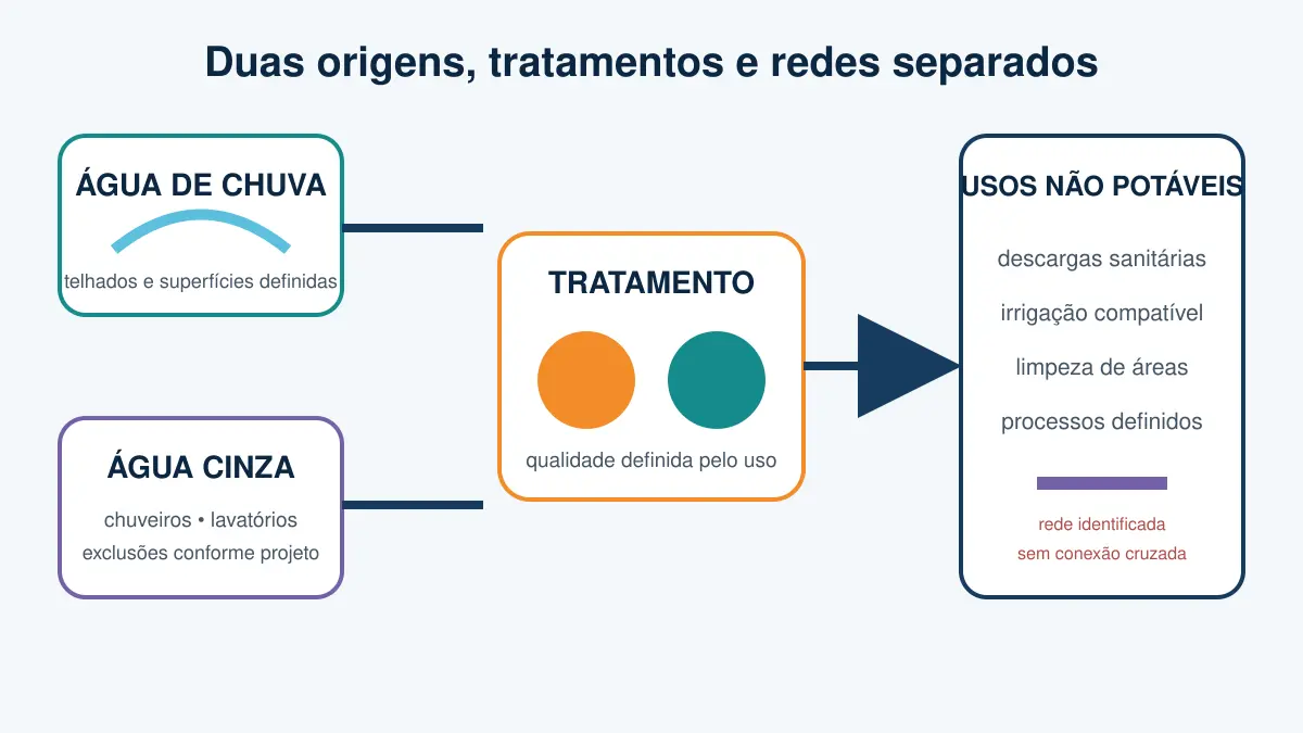 Esquema de tratamento separado de água de chuva e água cinza para usos não potáveis