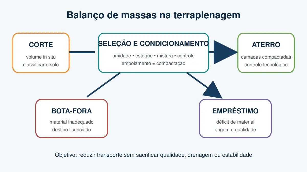 Projeto de Terraplenagem: Corte, Aterro, Volumes e Compactação 3 Fluxo conceitual do balanço de corte, seleção, aterro, bota-fora e empréstimo