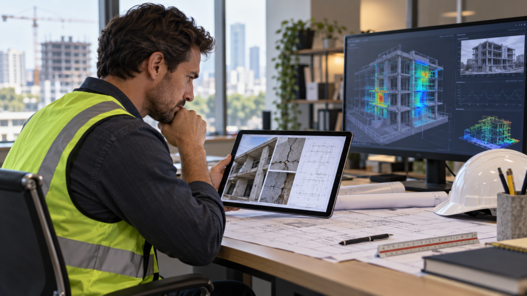 Engenheiro usa recursos digitais para organizar vistoria técnica.