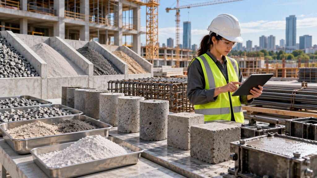 Engenheira avalia materiais e corpos de prova para concreto de baixo carbono