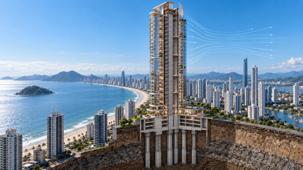 Torre superalta em corte com núcleo estrutural, fundações profundas e linhas de vento